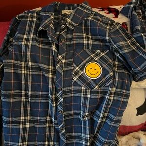 Jade by Jane Flannel Casual Button Down Shirt with Smiley Patch